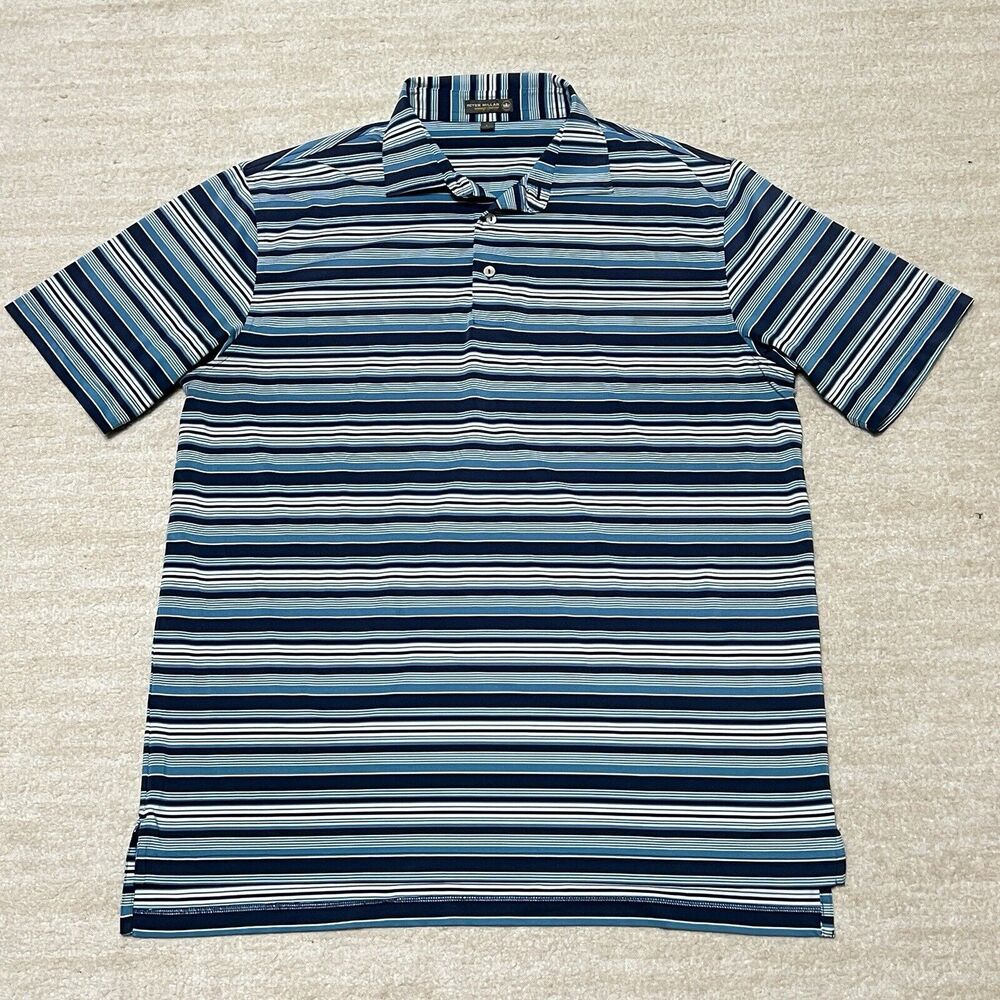 Peter Millar Summer Comfort Polo Mens Large White and Blue Striped Athletic